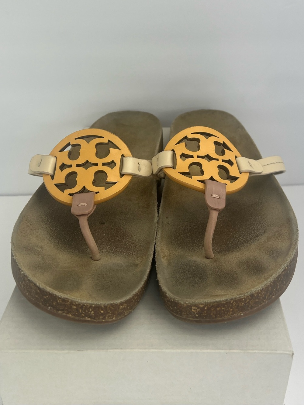 TORY BURCH MILLER CLOUD SANDALS CREAM/CARAMEL COLORS, LEATHER TOP, MILTI CORK 11 - Picture 4 of 17